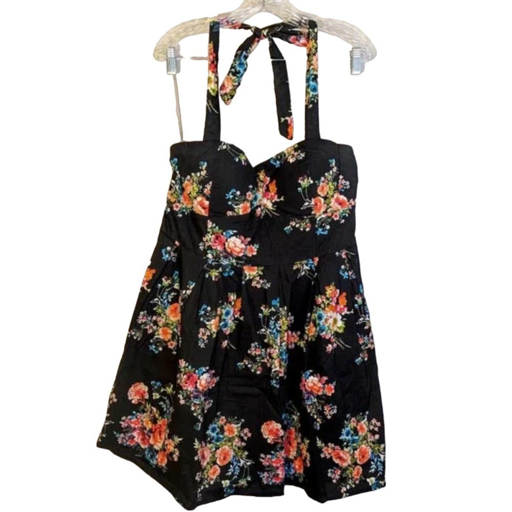 No Boundaries Black Floral Sweetheart Neck Smocked Back Pinup Halter Dress XL